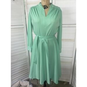 Vintage Sears 60s Poly Knit Mod Aline Fit N Flare Dress Light Green Sz Large 32”